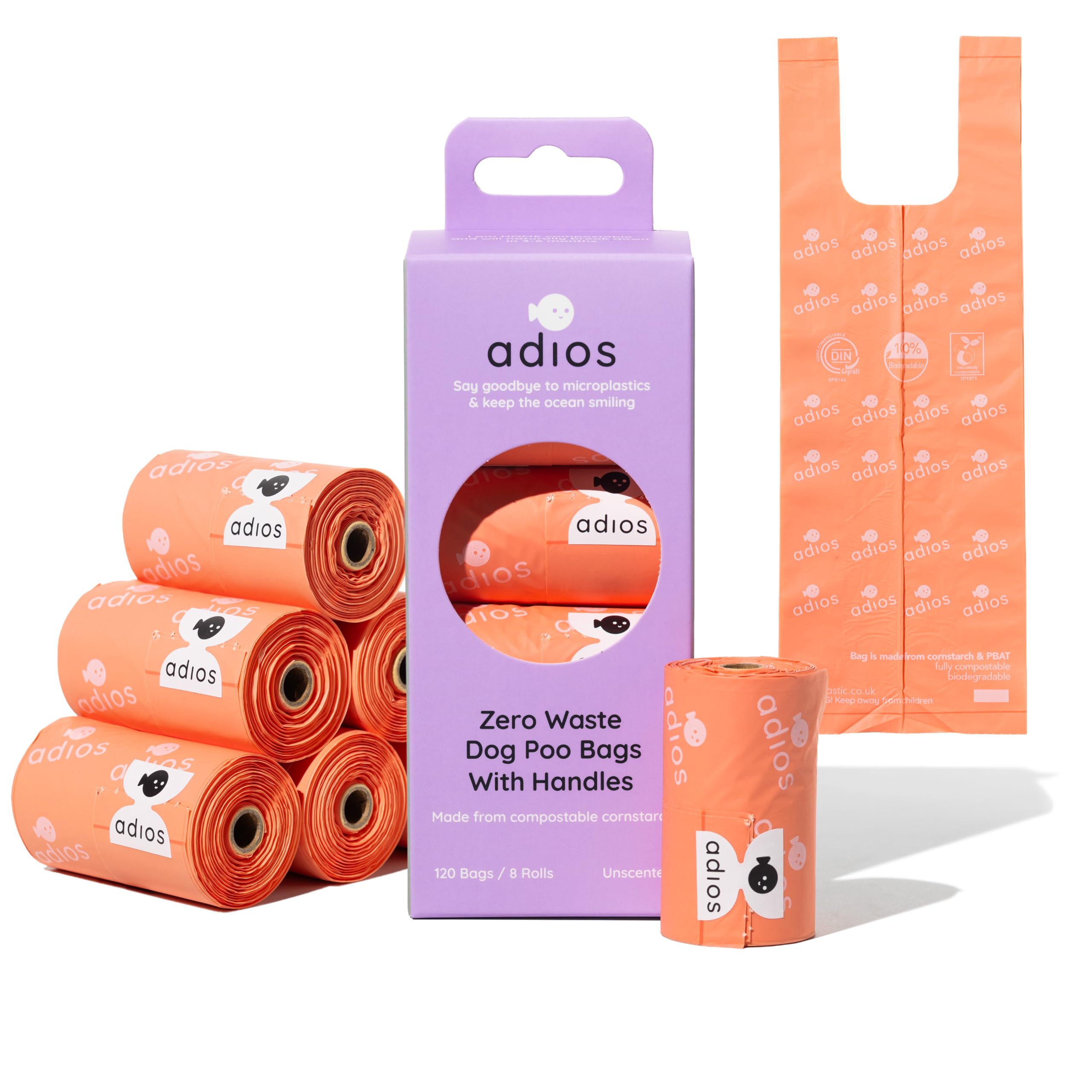 Adios Plastic - Compostable Dog Poop Bags with Handles, 120 Count (8 Rolls) - Coral Colour - Extra Thick, Leakproof, Odour Proof Dog Waste Bags - Made from Compostable Cornstarch - Easy Tear Rolls