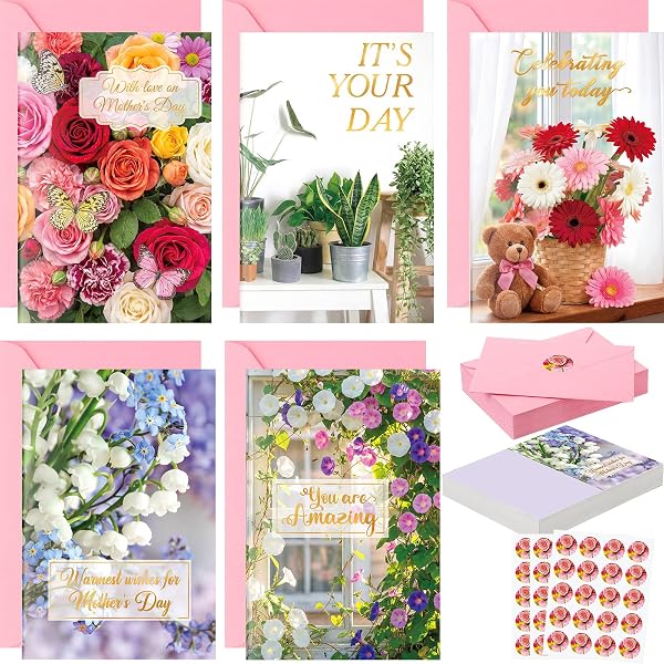 EAASTY 200 PACK MOTHER’S DAY GOLD FOIL GREETING CARDS BULK WITH PINK ENVELOPES AND STICKERS, BLANK INSIDE MOTHER’S DAY CARDS FOR MOM, CHURCH, BIRTHDAY AND FLORIST SUPPLIES