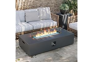 UPHA 56-inch Outdoor Propane Gas Fire Pit Table 50000 BTU Iron Rectangle Firepit for Outside Patio with Tank Hidden Table, Wind Guard, Removable Lid, Blue Glass Rocks, Rain Cover, Grey
