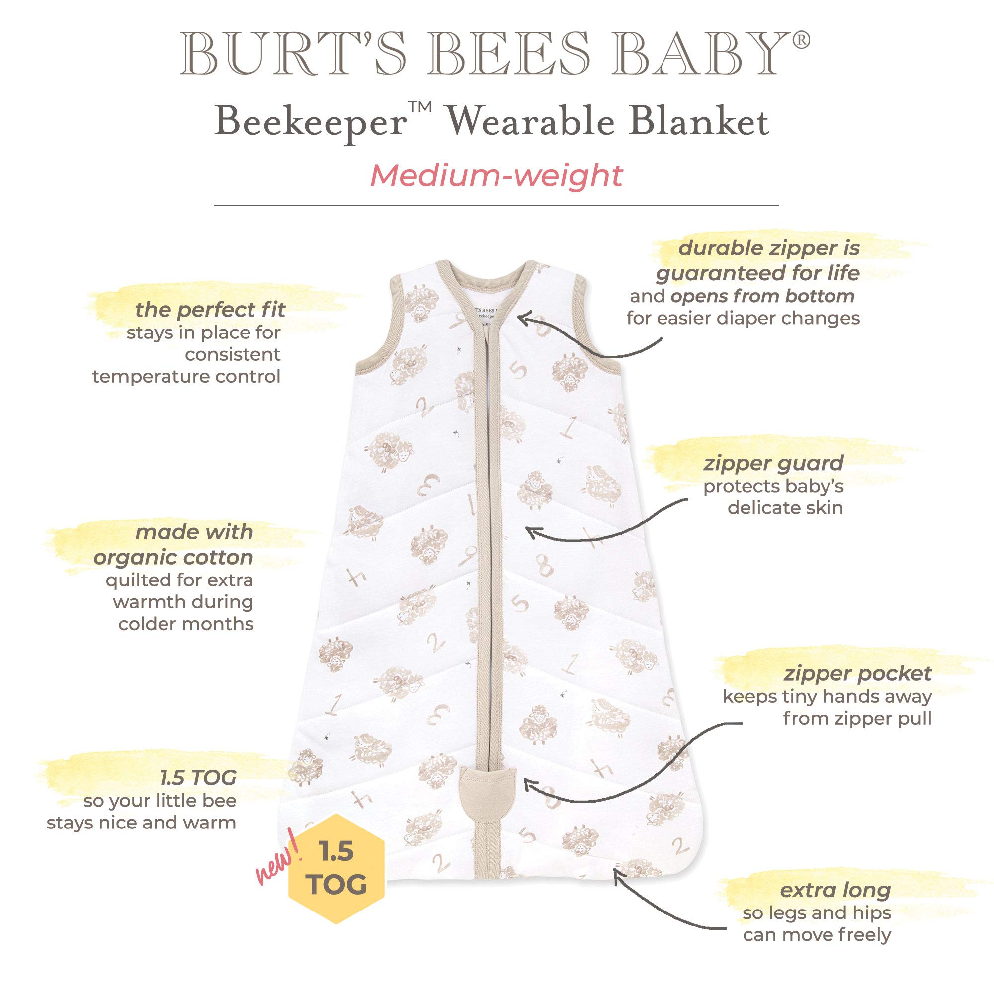 Burt's Bees Baby unisex baby Beekeeper Blanket, 100% Organic Cotton, Swaddle Transition Sleeping Bag Wearable Blanket, Quilted Grey Rugby, Large US