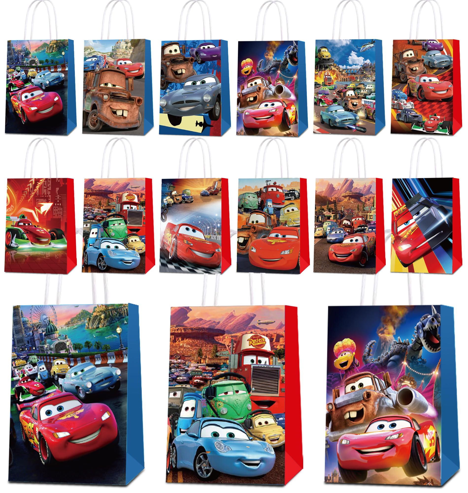 Photo 1 of 24 Pack Car Party Favor Gift Bags - 12 Pattern Paper Candy Bags with Handles, Reusable Kraft Tote Bags for Kids Birthday, Baby Shower, Wedding, Graduation, Party Supplies Decorations