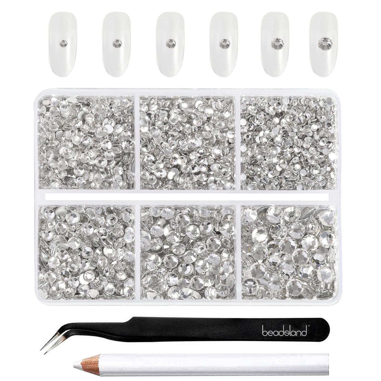 Beadsland 4300pcs Flatback Crystal Nail Gems - Round, Mixed 6 Sizes with Picking Tweezers and Wax Pencil Kit, SS6-SS20 — image 1