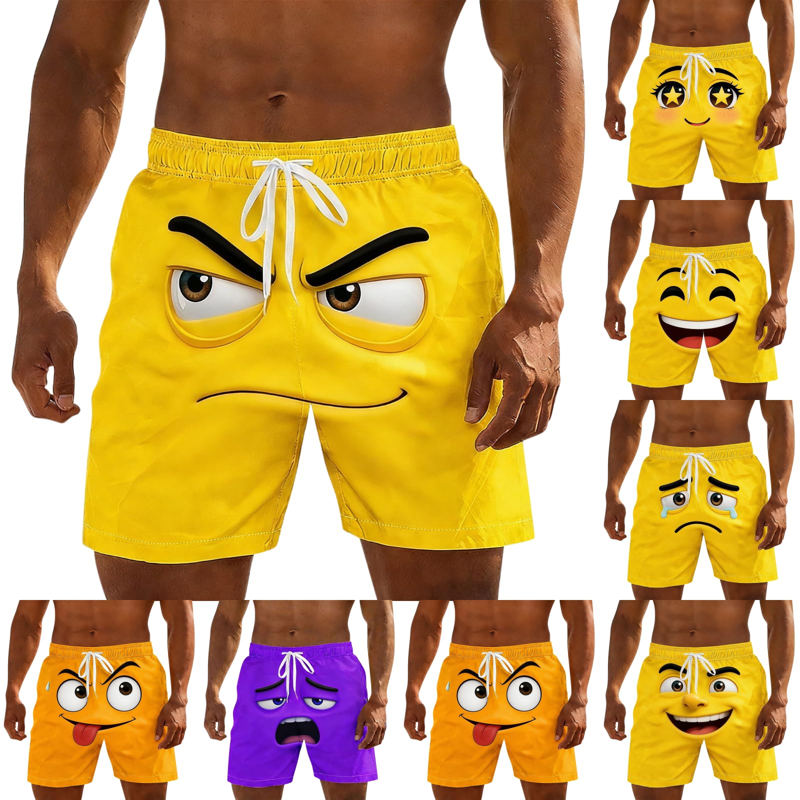 Mens Swim Trunks Funny Face Summer Beach Board Shorts Drawstring Elastic Waist Running Shorts Cute Casual Swimwear