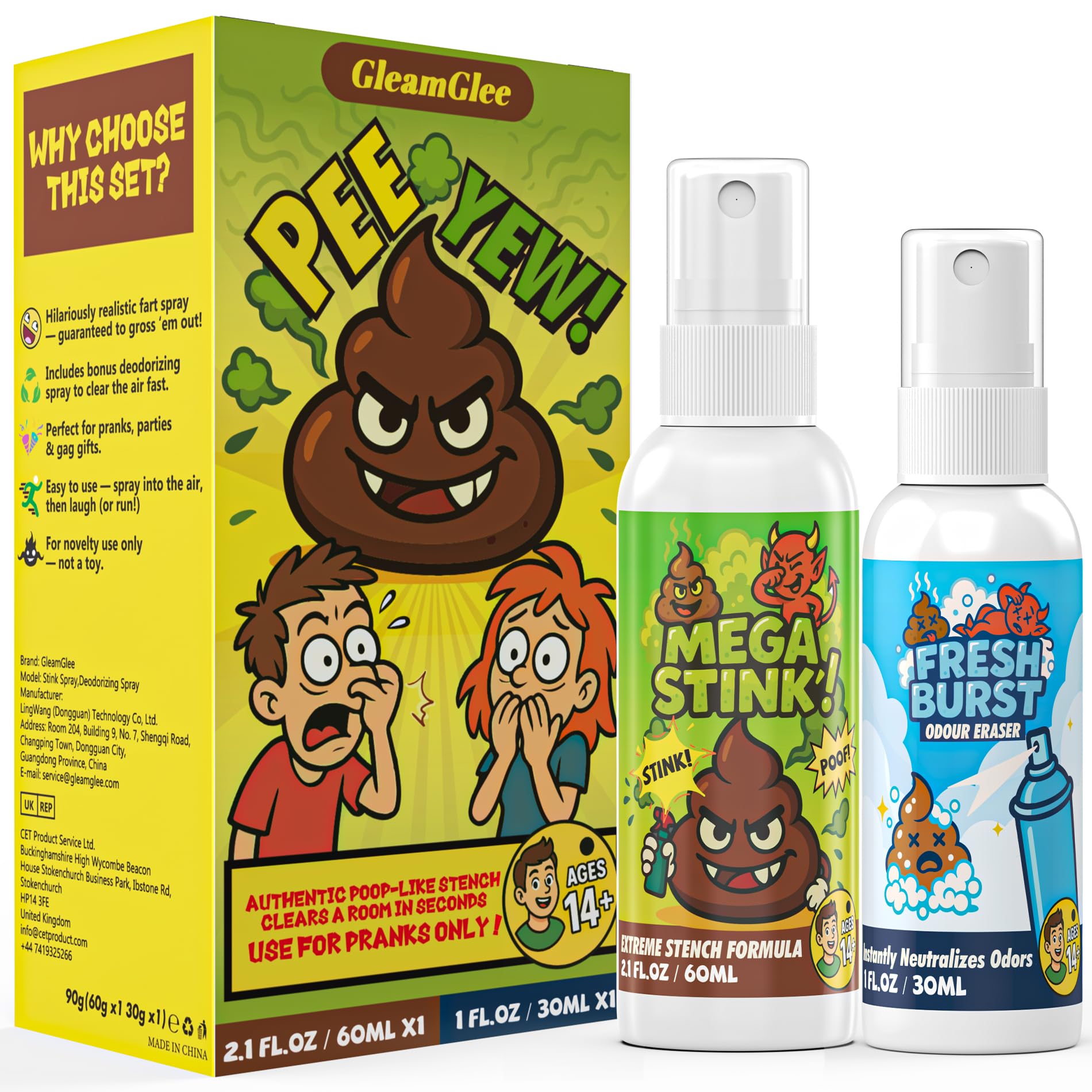 GleamGlee Extra Strong Fart Spray Prank Set – Insanely Potent Real Stink Spray + Quick Odor Fix – Hilarious Gag Gifts for Prankster, Parties, Adults & Pranks Gifts - Non Toxic