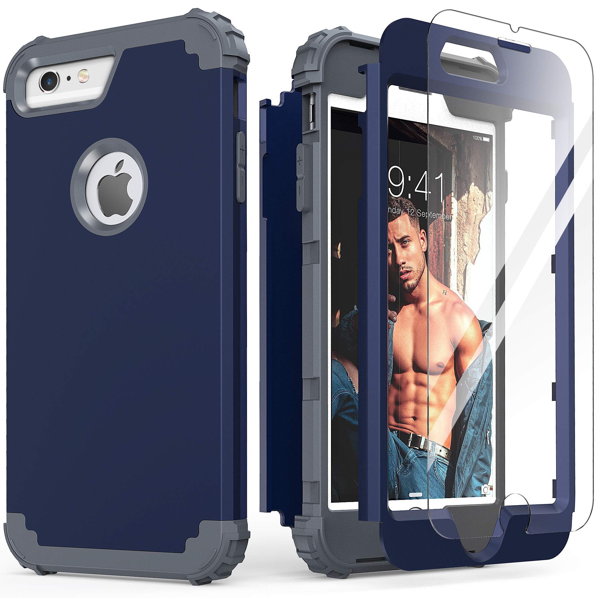 Photo 1 of IDweel for iPhone 6S Plus Case with Tempered Glass Screen Protector,Blue for iPhone 6 Plus Case, 3 in 1 Shockproof Slim Hybrid Heavy Duty Hard PC Cover Soft Silicone Bumper Full Body Cover, Blue