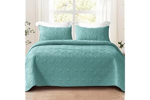 Whale Flotilla Queen Size Quilt Bedding Set, Soft Turquoise Quilt Queen Full Size with 2 Pillow Shams, Lightweight Bedspread Coverlet Wave Pattern, Quilted Comforter Bed Cover for All Seasons