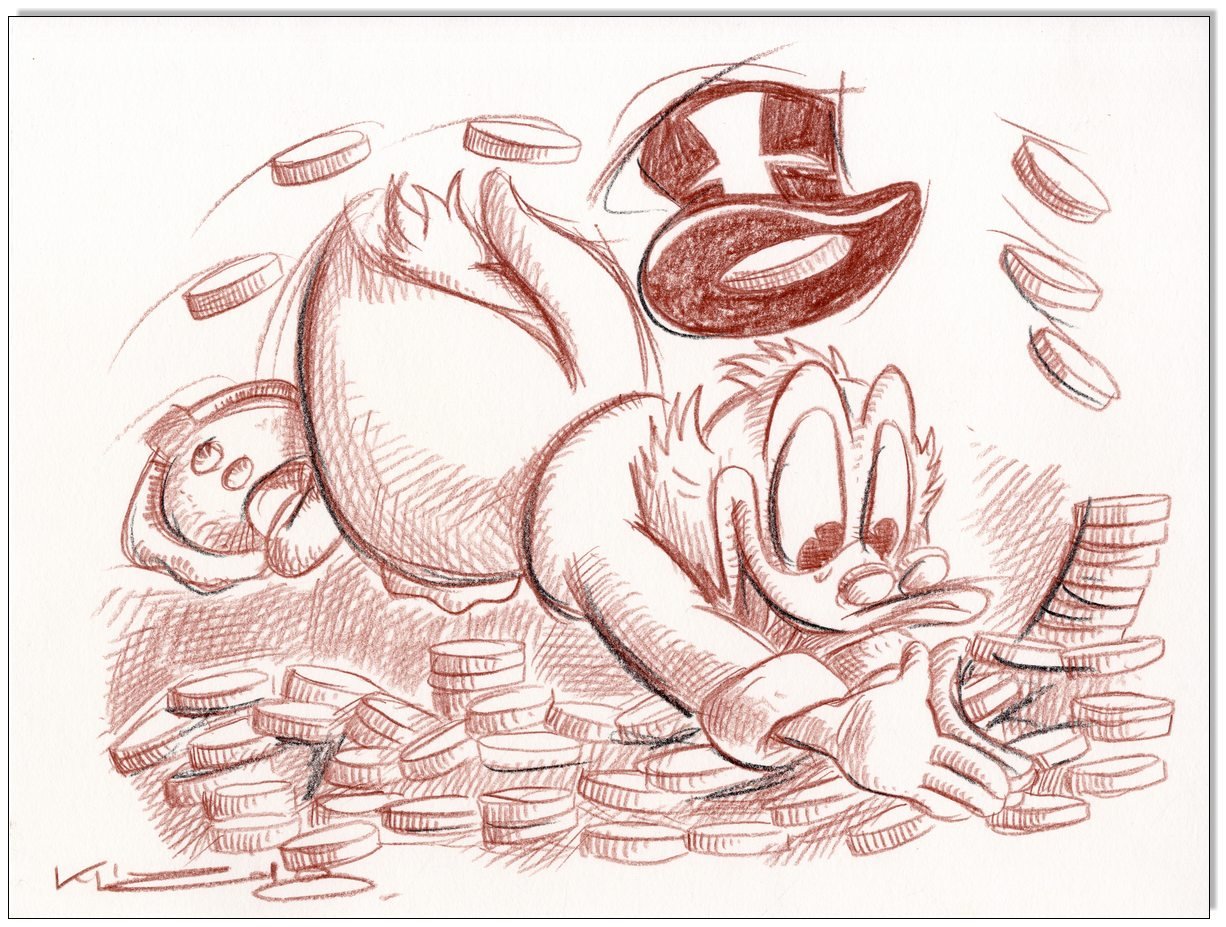 Original Rötelzeichnung auf Zeichenkarton Dagobert Duck