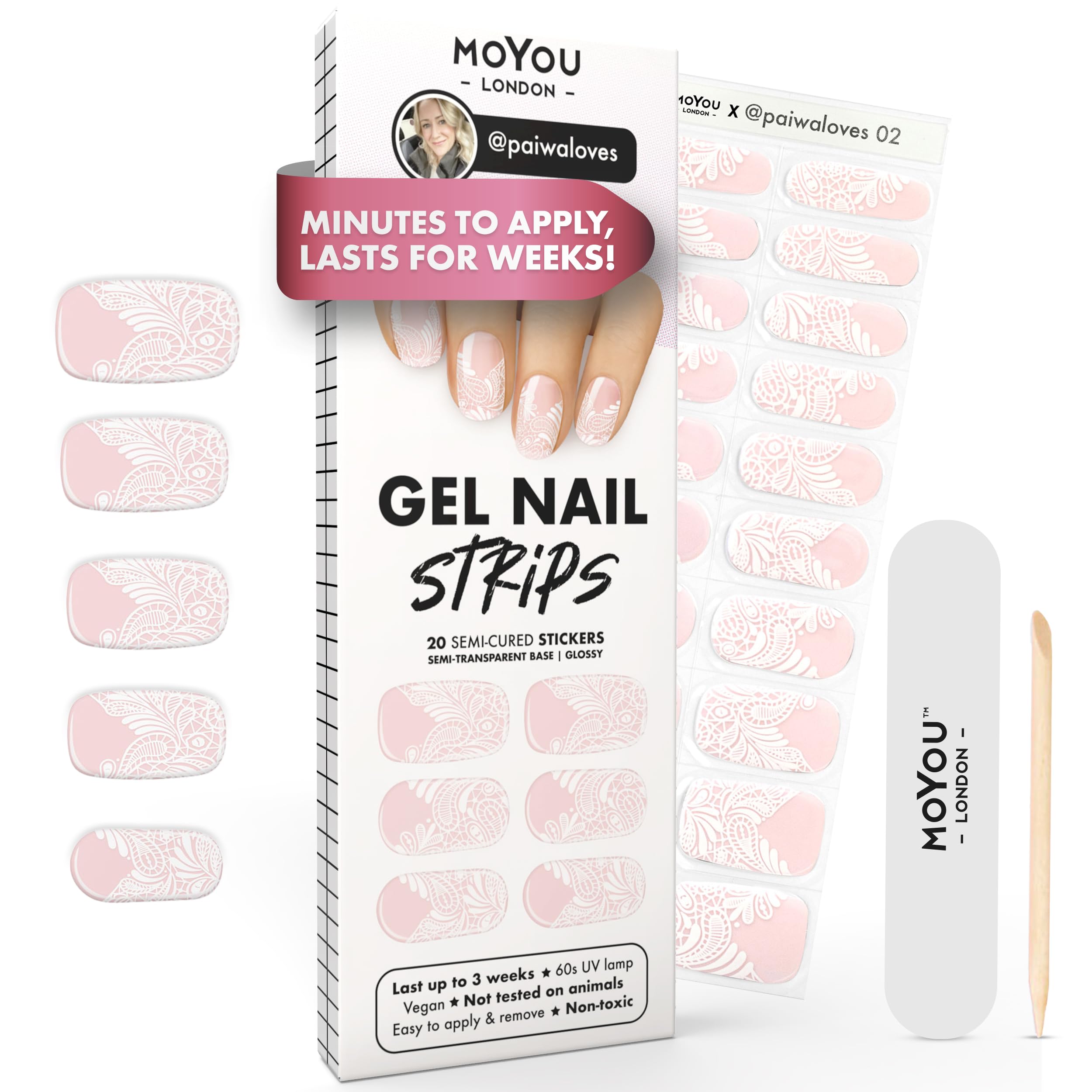 MOYOU LONDON Semi Cured Gel Nail Strips - 20 Pcs. Waterproof Gel Nail Wraps, Cures in Sunlight or UV/LED Lamp, Lasts Up to 2+ Weeks, Stretchable, Easy to Apply & Remove, Vegan & Cruelty-Free