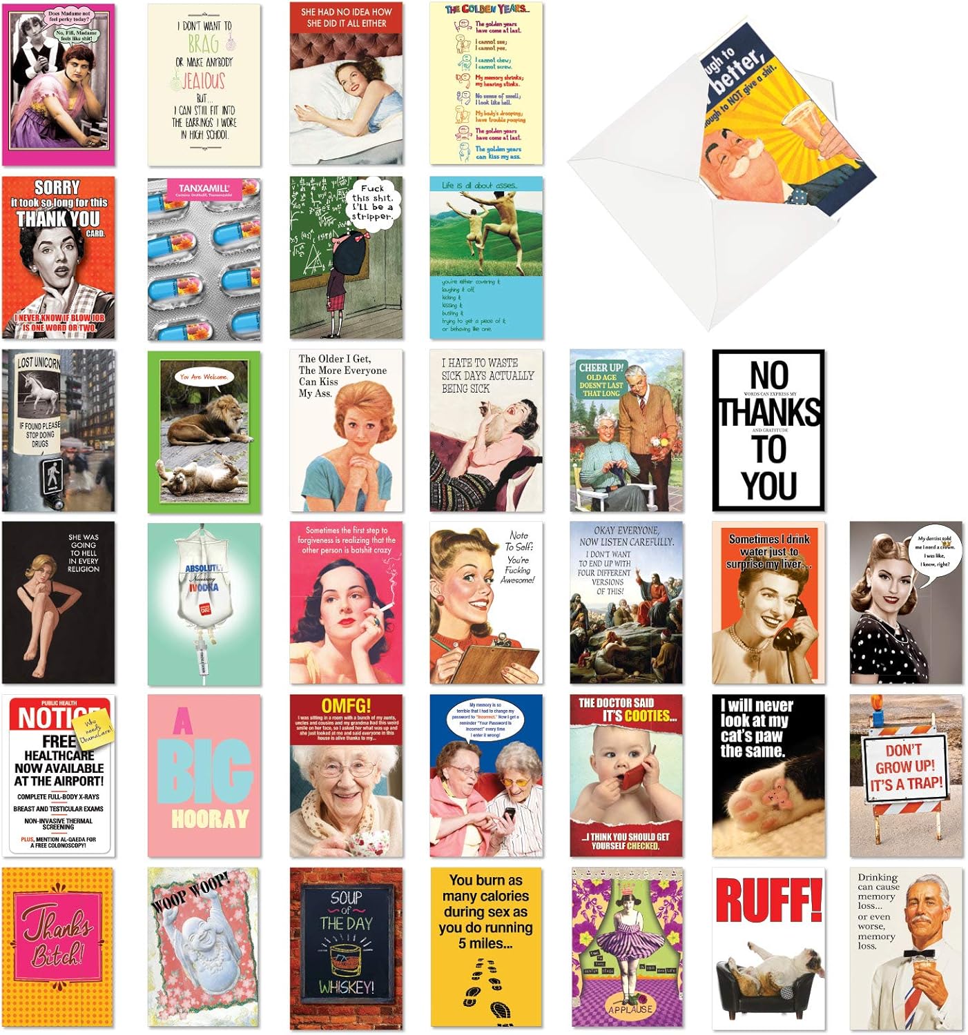 NobleWorks, Bestselling Laughs - 36 Assorted Occasion Greeting Cards with Envelopes - Funny Adult Notecard Set, Celebration Cards AC6669XXG-B1x36