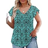 VOGRACE Womens-Plus-Size-Summer-Tops Casual V Neck T Shirts Trendy Ruffle Short Sleeve Tunics Loose Comfy Pleated Tees XL-5XL