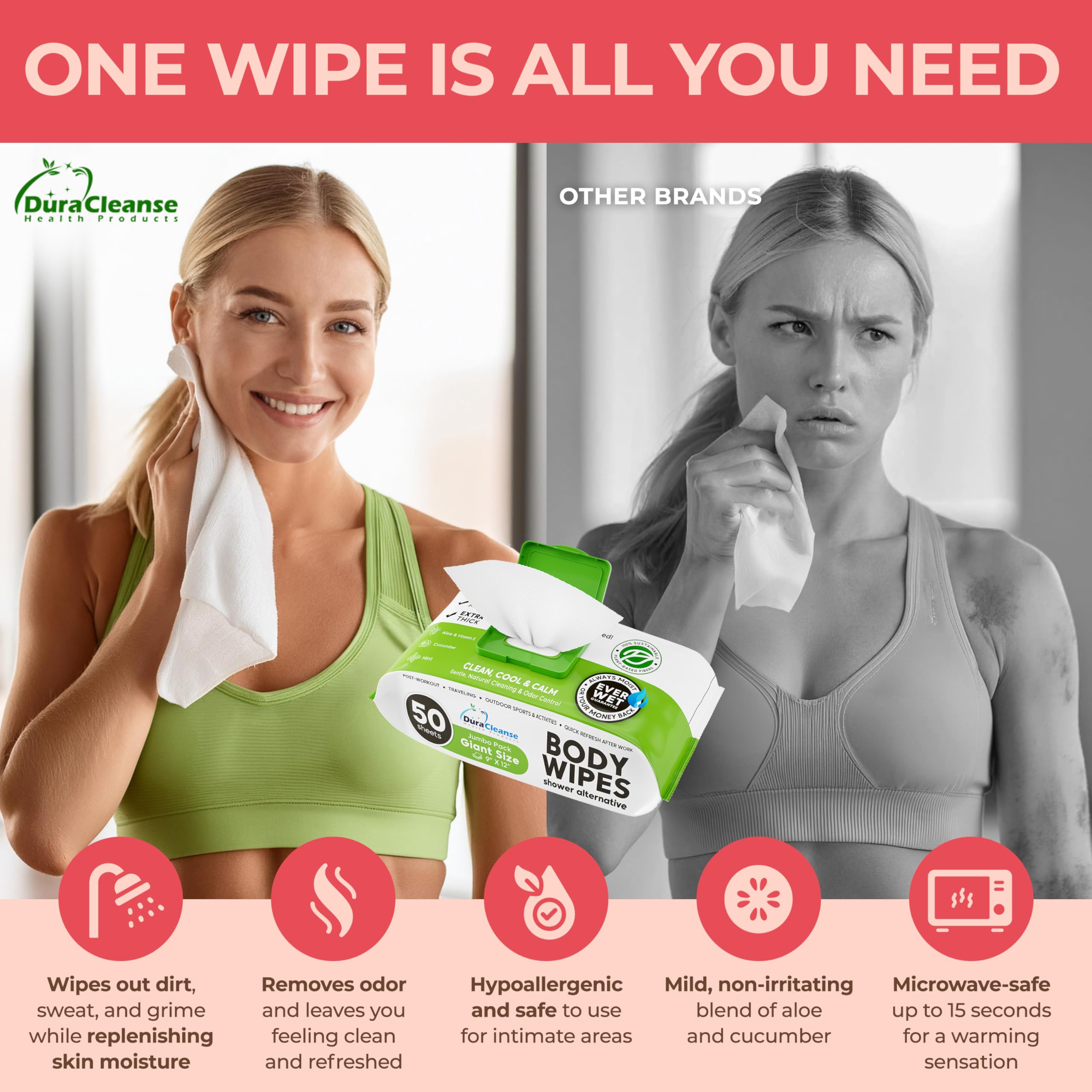 Body Wipes for Women, Extra Moist No Rinse Bathing Wipes - 50 XL Shower Cloths + 4 Travel Size Bath Sheets - 9