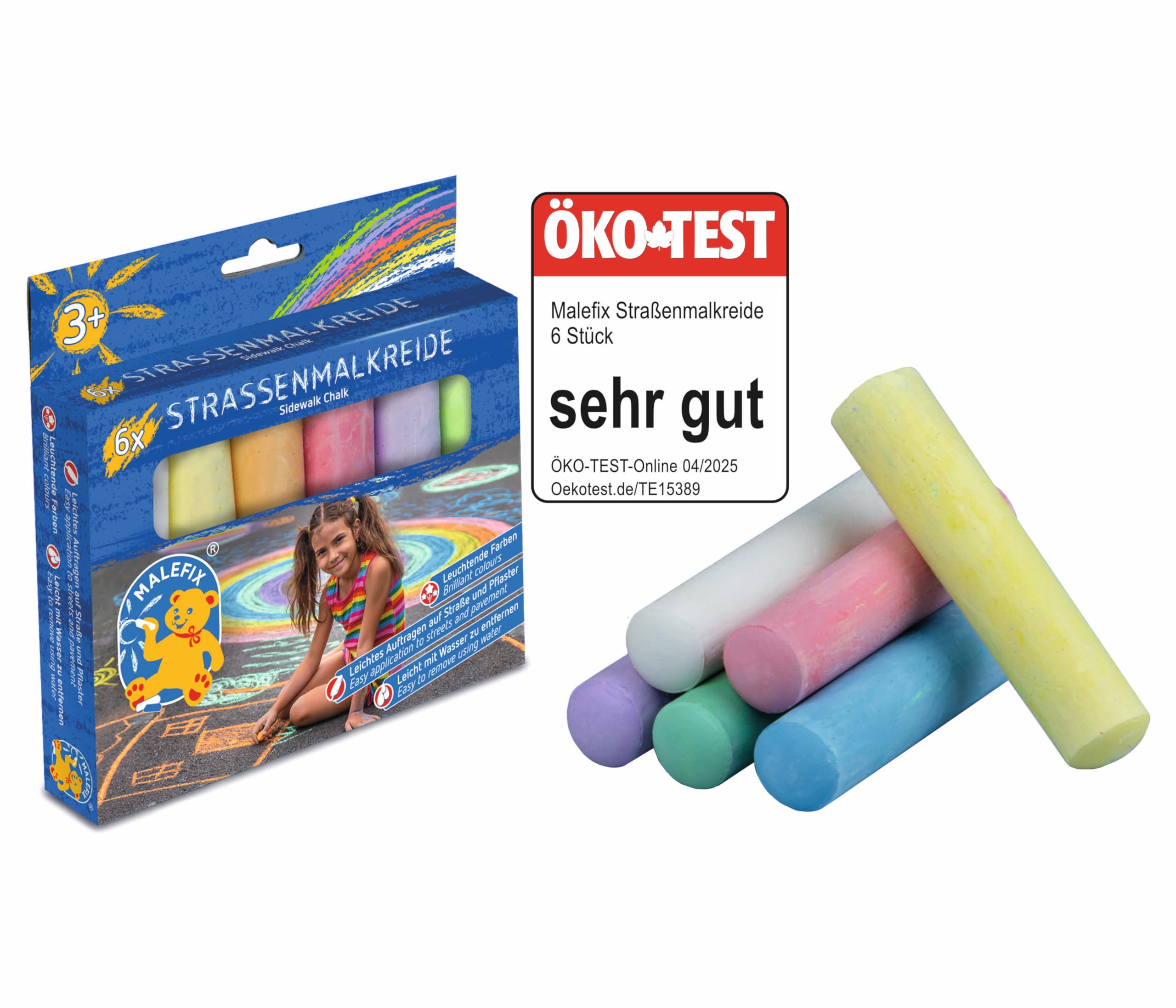 MALEFIX Straßenmalkreide 6er Packung I Malkreide für Kinder und Erwachsene I Vielfalt an Farben I Leuchtend und Kräftig I Wasserlösliche und hochwertige Kreide von Pustefix I für Straße u. Hof