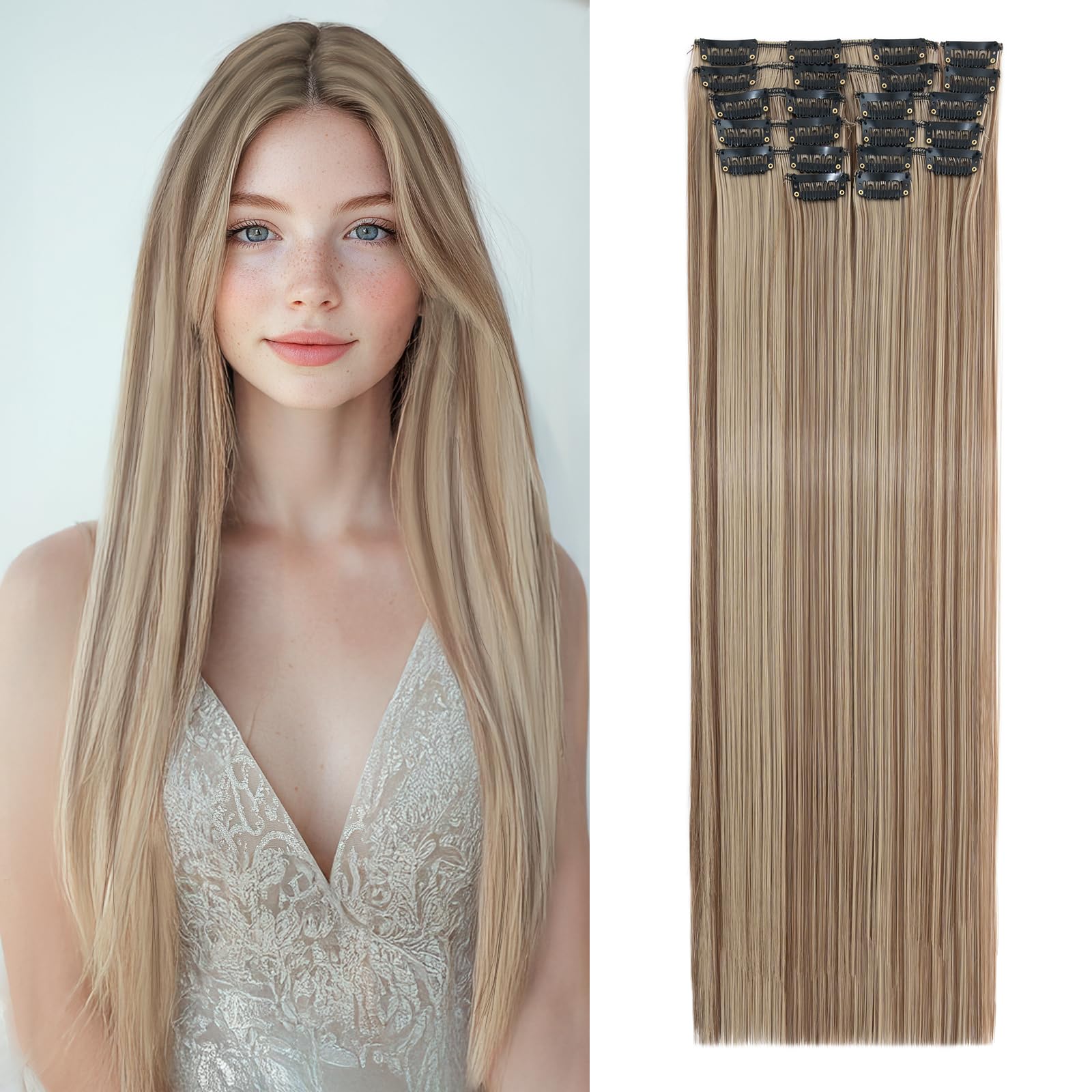 Benehair 22" Clip in Hair Extensions 12 Pcs Long Straight Hair Extensions Clip in Synthetic Fiber Full Head Natural Extension Brown mix Blonde Hair Piece for Women(Brown mix Blonde, 180g)