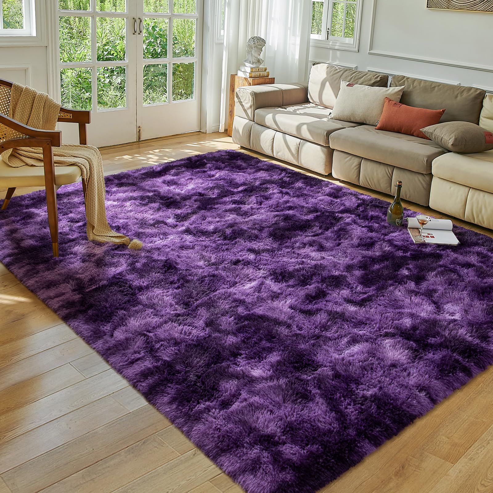 Softlife Dark Purple Area Rug for Living Room, Fluffy Shag Plush 5x8 Rugs for Bedroom Girls Kids, Shaggy Soft Fuzzy Tie Dyed Large Carpet for Dorm Bedside Ultra Cozy Non-Slip Indoor Decor Image