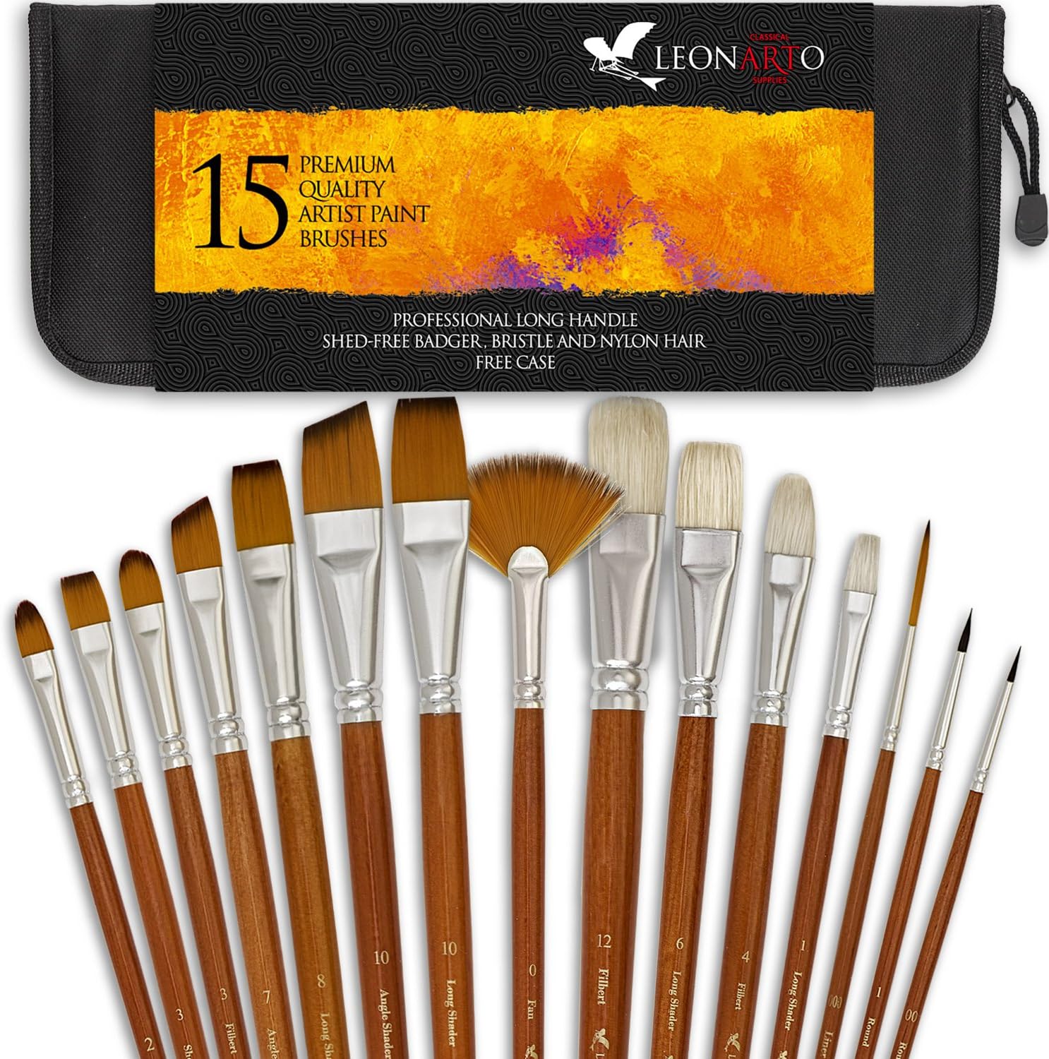 Paint Brushes Set - Acrylic Oil Watercolor Gouache Painting Brushes - Badger hog Bristle Synthetic Brushes - Artist Canvas Art Paint Brush Kit with a Free Pop Up Case - Long Handles - 15 Pieces