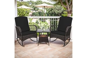 CHABATREE 3 pcs Rocking Bistro Set Conversation Chairs PE Wicker Outdoor Rocking Chairs(Rocking Set,Black)
