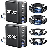 2 Pack 200W USB C Charger with 4 USB Cables, 6-Port Wall Charger, Laptop Fast Charger Type C Charging Block for MacBook Pro, Dell XPS, iPhone 17, iPad, Tablet, Chromebook Black
