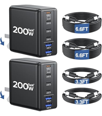 Chargeur USB-C 200W - Bloc Prise Murale Avec Câble - Charge Rapide Multi-Appareils - Voyage, Bureau, Maison