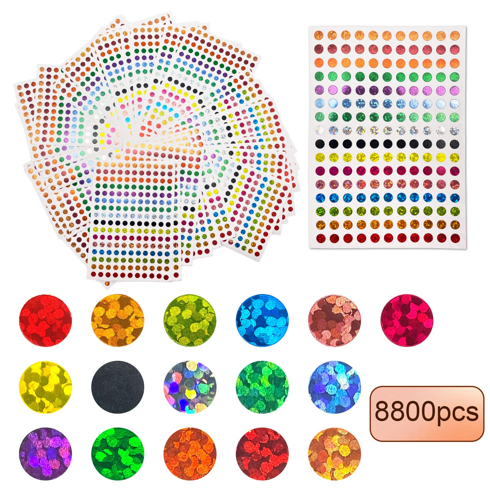UILYNIU 50 Sheets Shiny Circle Dot Stickers - 8800 Pieces Sparkle Color Coding Labels in 16 Colors - Small Round Dot Stickers (50 Sheets)