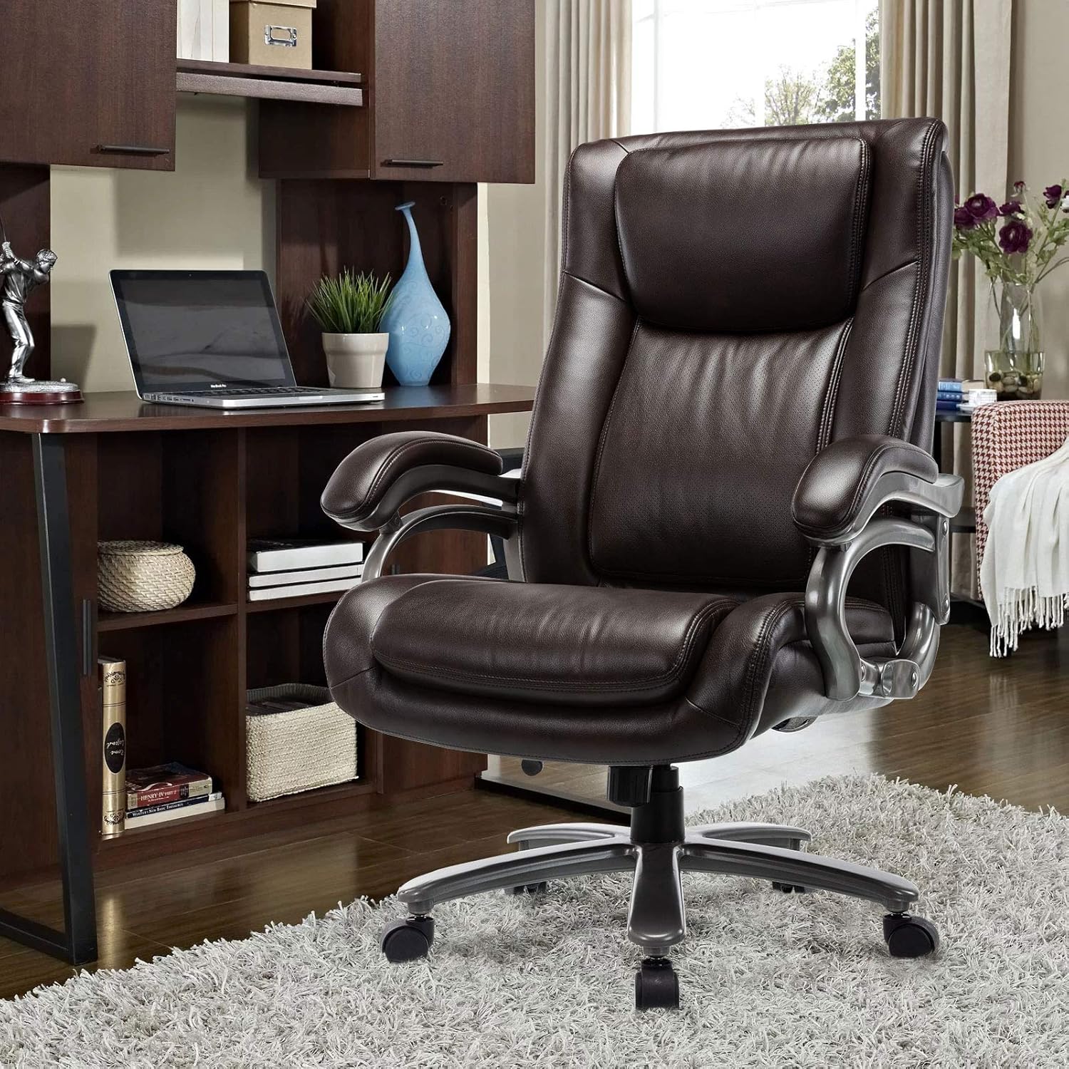 400lb Big & Tall Office Chair - High Back Bonded Leather Executive Managerial Chair, Heavy Duty Metal Base Adjustable Height Thick Padded Seat Ergonomic Design Large Computer Swivel Task Desk Chair: Kitchen & Dining