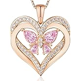 Laaioo Pink Pendant Necklace for Women 925 Sterling Silver Aquamarine Heart Necklace Handmade Love Necklace for Valentines Birthday Gifts for Wife Girlfriend Daughter(Butterfly)