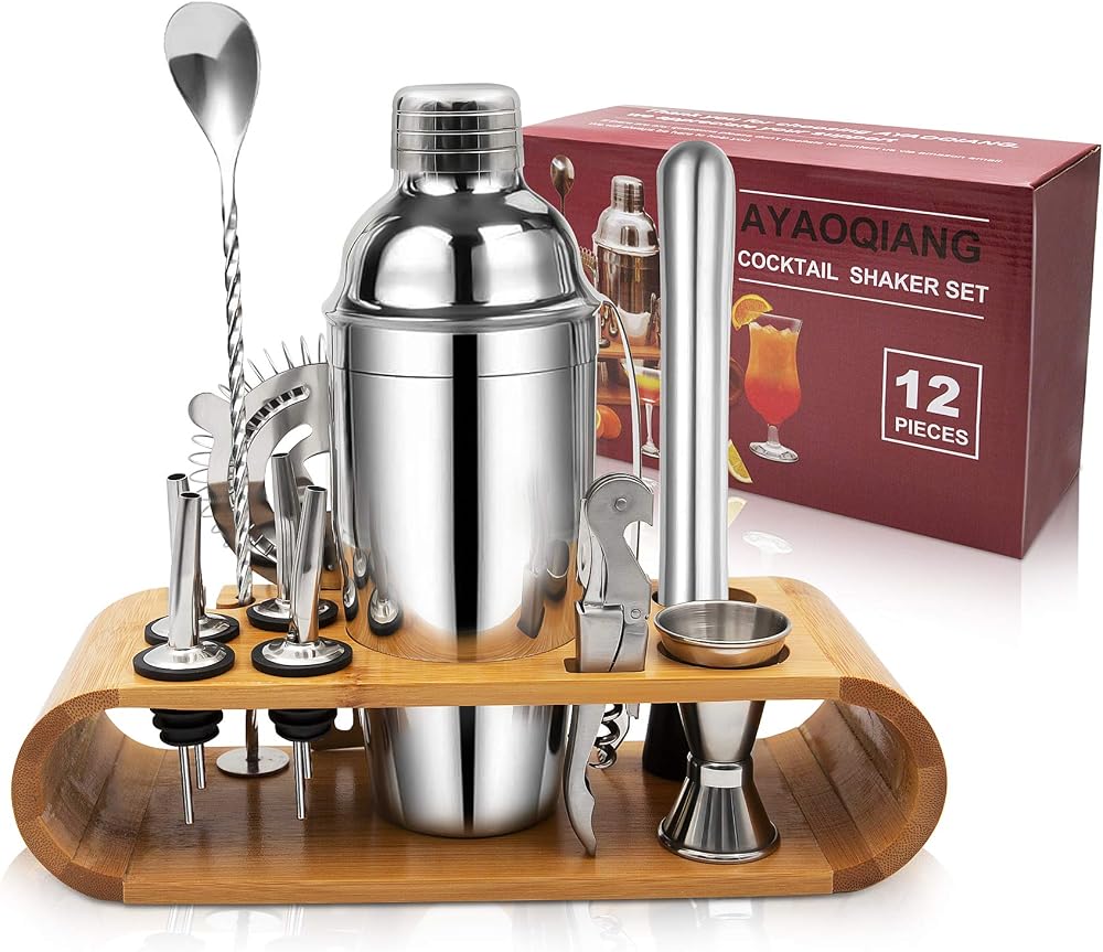 AYAOQIANG 750ml Stainless Steel Cocktail Shaker Set with Bamboo Stand 12pcs