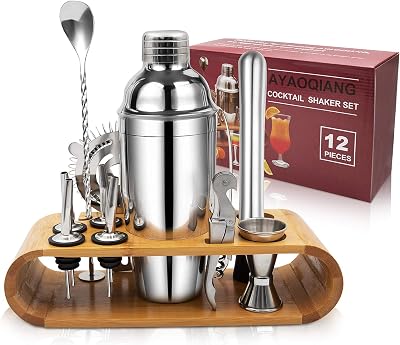 AYAOQIANG 750ml Stainless Steel Cocktail Shaker Set with Bamboo Stand 12pcs