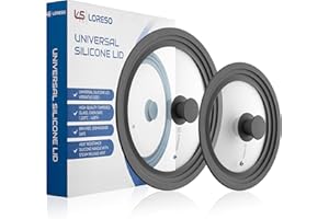 LSR LORESO Universal Silicone Glass Lid Set for Pots Pans & Skillet Size 7, 7.5, 8, 8.5, 9, 9.5,10, 10.5,11 & 11.5 Inche, Tempered Glass Lid with Steam Vent, Cool-Touch Handle Dishwasher Safe(Pack of Two - Grey)