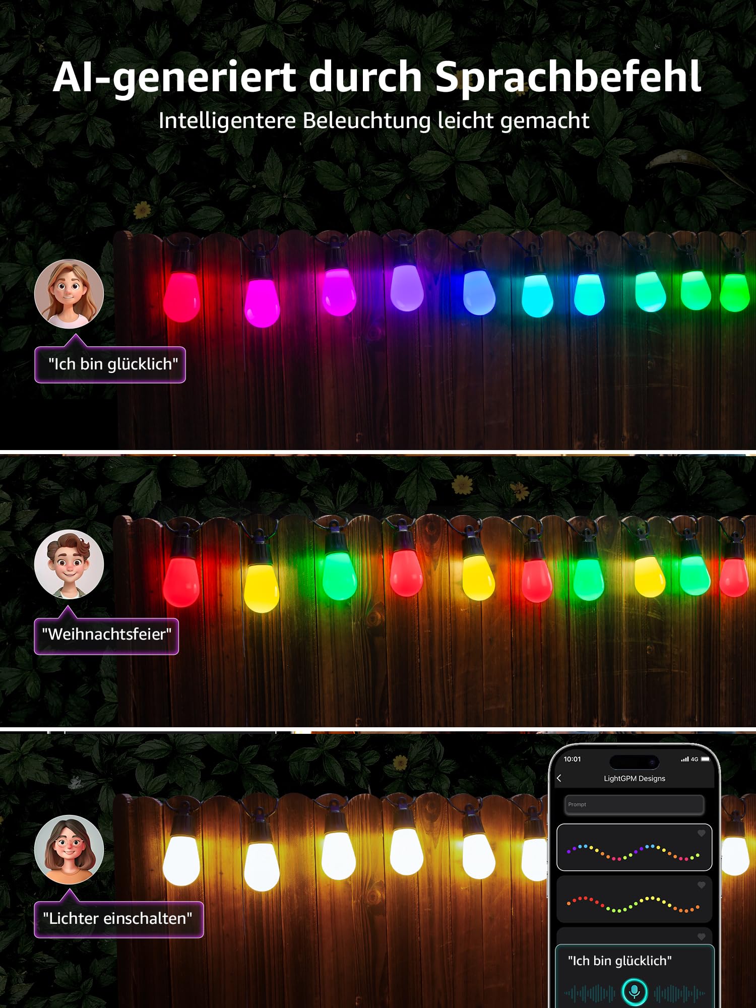 Lepro ZB1 AI LED Lichterkette Außen 30m, RGB+Warmweiß Smarte LED S14 WLAN Glühbirnen,App-Steuerung,Funktioniert mit Alexa&Google,IP65,Personalisierter KI-Lichtdesigner,ohne Fernbedienung, 30 LEDs 6