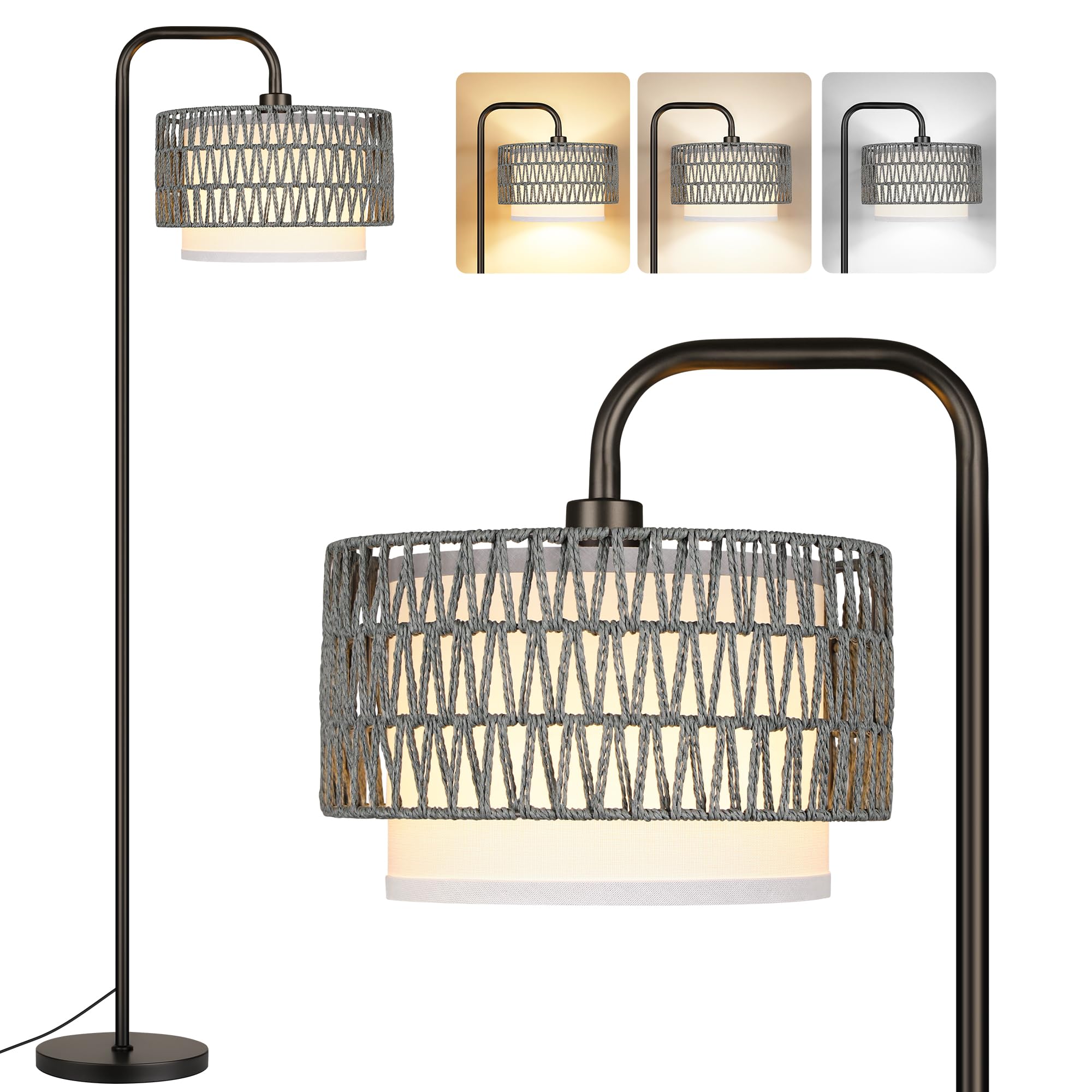 Photo 1 of ***Main part to attach the shade is missing and remote not working.***PARTPHONER 68‘’Floor Lamp for Living Room, Tall Standing Lamp with Remote 3 Color Temperatures Dimmable Bulb, Gray Rattan and Fabric Dual Shades***Main part to attach the shade is missi