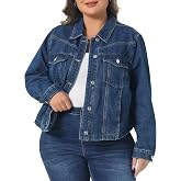 Agnes Orinda Women's Plus Size Denim Jacket Button Closed Long Sleeves Stitching Jean Shacket Jackets