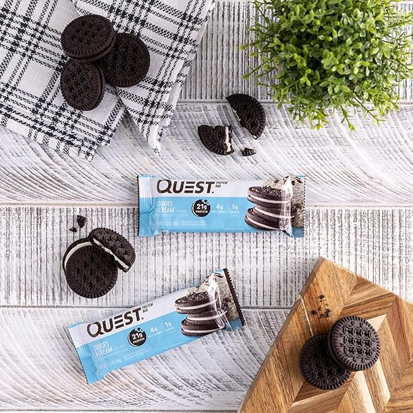QUEST NUTRITION COOKIES & CREAM PROTEIN BARS, 21G PROTEIN, 1G SUGAR, 4G NET CARB, GLUTEN FREE, KETO FRIENDLY, 12 COUNT