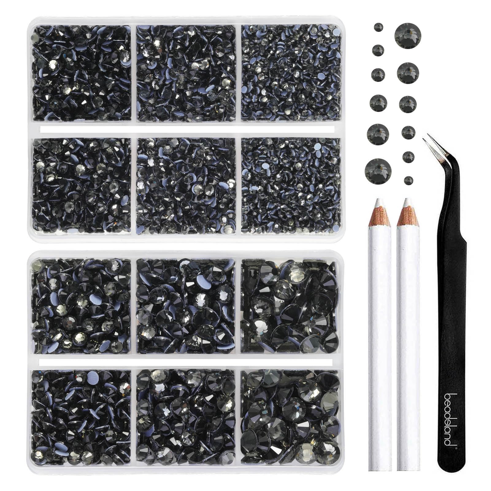 BEADSLAND Hotfix Rhinestones, 6080PCS Gray Rhinestones for Clothes Crafts Mixed 6 Sizes with Wax Pencil and Tweezers Kit, SS6-SS30, Black Diamond