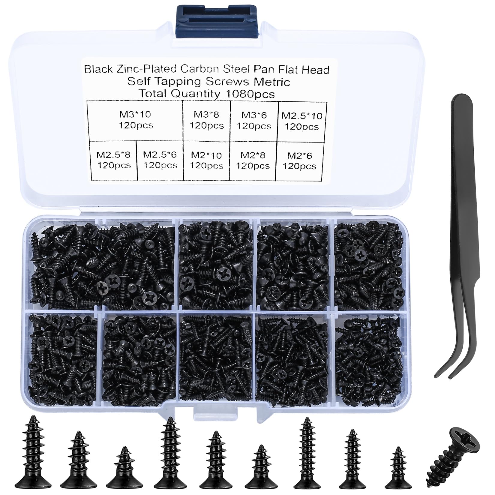 1080 Pcs Small Wood Screws Assortment Kit, M2/M2.5/M3 Cross Head Self Tapping Screws, 6/8/10mm Tiny Flat Head Self Drilling Screws Set for Wood, (black)