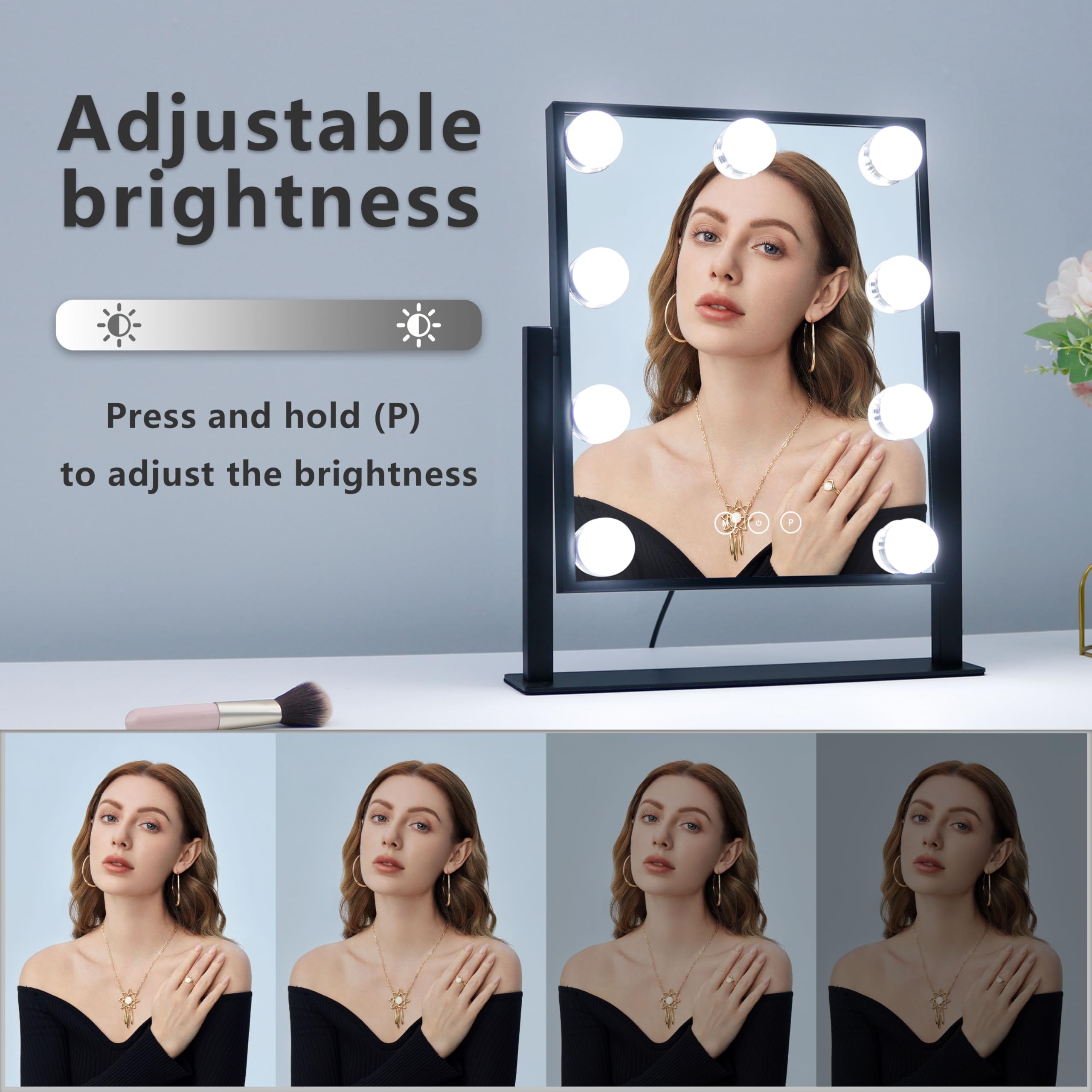 Kotdning Vanity Mirror with Lights,Lighted Vanity Mirror with 9 Dimmable Bulbs for Dressing Room & Bedroom,3 Color Lighting,Modes Detachable 10x Magnification 360°Ratation (Black) 12