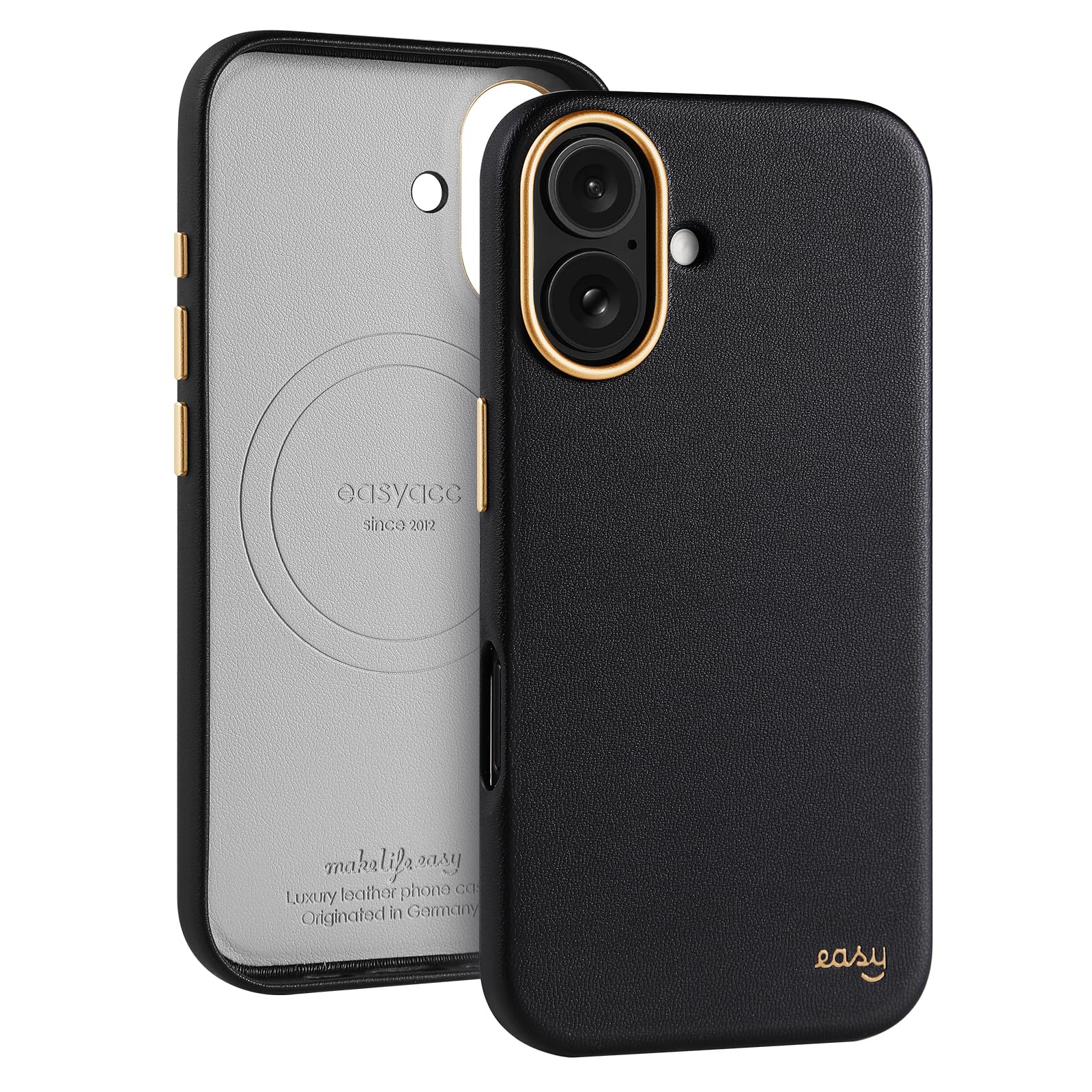 EasyAcc for iPhone 16 Case,Compatible with MagSafe,Eco Leather,Dirt Resistant,Scratch-Resistant,Metal Buttons,Luxury Phone Cover for iPhone 16,Shockproof,Drop Protection,Black-Gold — image 1