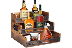 ALYOEN Liquor Bottle Display Shelf, Coffee Syrup Rack Organizer, 3 Step Countertop Liquor Wine Rack, 12 Bottles Coffee Station Organizer with Fences & Handles, Home Retro Bar Shelf Stand for Liquor Whiskey
