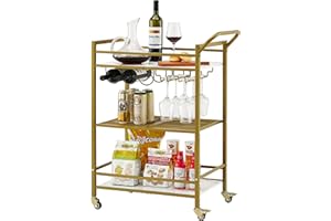 Tajsoon 3-Tier Bar Cart, Mobile Bar Serving Cart, Industrial Style Wine Cart for Kitchen, Beverage Cart with Wine Rack and Glass Holder, Rolling Drink Trolley for Living Room, Gold & White