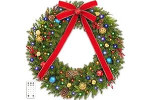 COLORSPEC 48 Inch Christmas Wreath, Pre Lit Christmas Wreath with 200 Lights, Red Bow, Ornament Balls, Remote Control, 11 Light Modes, Giant Christmas Wreaths Perfect for Garage Porch Roof Fireplace Outdoor