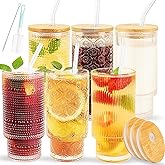 SogYupk Glass Cups Set with Straw/Bamboo Lid,12 oz Stackable Serving Drinking Glasses, Ideal for Whiskey/Cocktails/Juice/Coffee/Beer, Dishwasher Safe,3 Patterns of Vintage Glassware Sets.(6 Pcs)