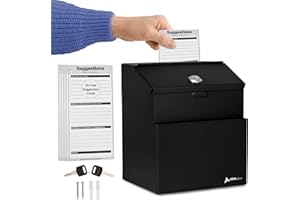 ADIR CORP. Adir Suggestion Box with Lock - Metal Donation Fundraising Ballot Prayer Box with 55 Free Suggestion Forms Cards & 2 Keys (Wall Mounted - Black)