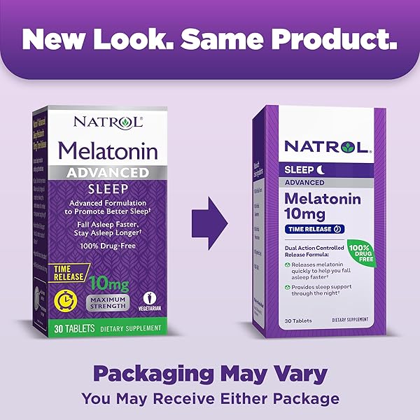 NATROL MELATONIN ADVANCED SLEEP TABLETS WITH VITAMIN B6, HELPS YOU FALL ASLEEP FASTER, STAY ASLEEP LONGER, 2-LAYER CONTROLLED RELEASE, 100% DRUG-FREE, MAXIMUM STRENGTH, 10MG, 30 COUNT