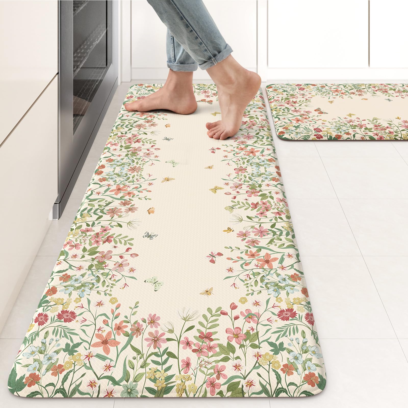 Photo 1 of KIMODE Anti Fatigue Kitchen Mats for Floor 2 Piece, Cushioned Floral Kitchen Rugs, Memory Foam Kitchen Floor Mats, Summer Standing Desk Mats for Laundry Office Sink Beige 17"x47"+17"x29"
