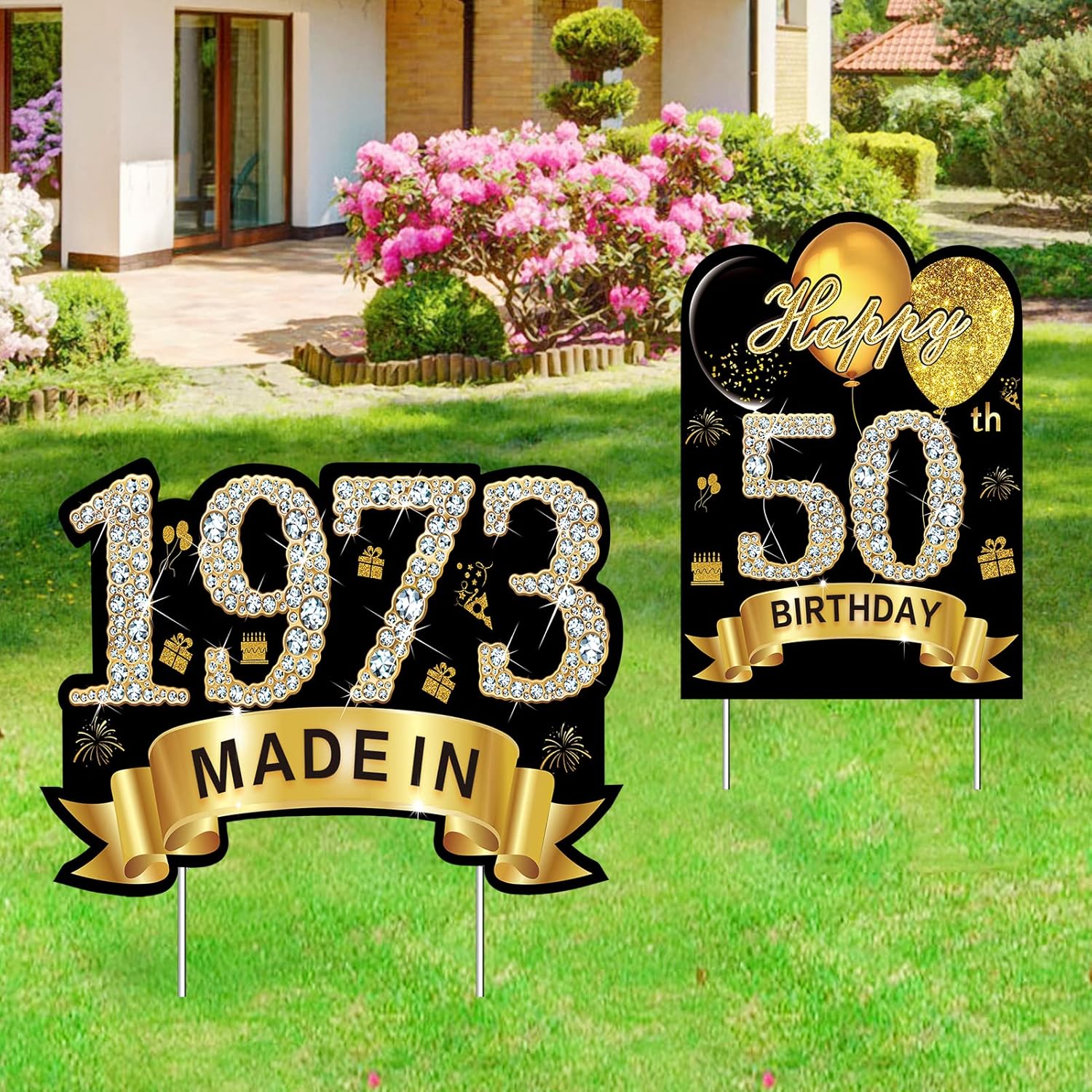 Yard Signs - 2Pcs Black Gold 50th Birthday Yard Sign Decorations for Men Women, Happy 50 Birthday Made in 1973 Lawn Sign Party Supplies, Fifty Year Old Birthday Lawn Decor with Stakes