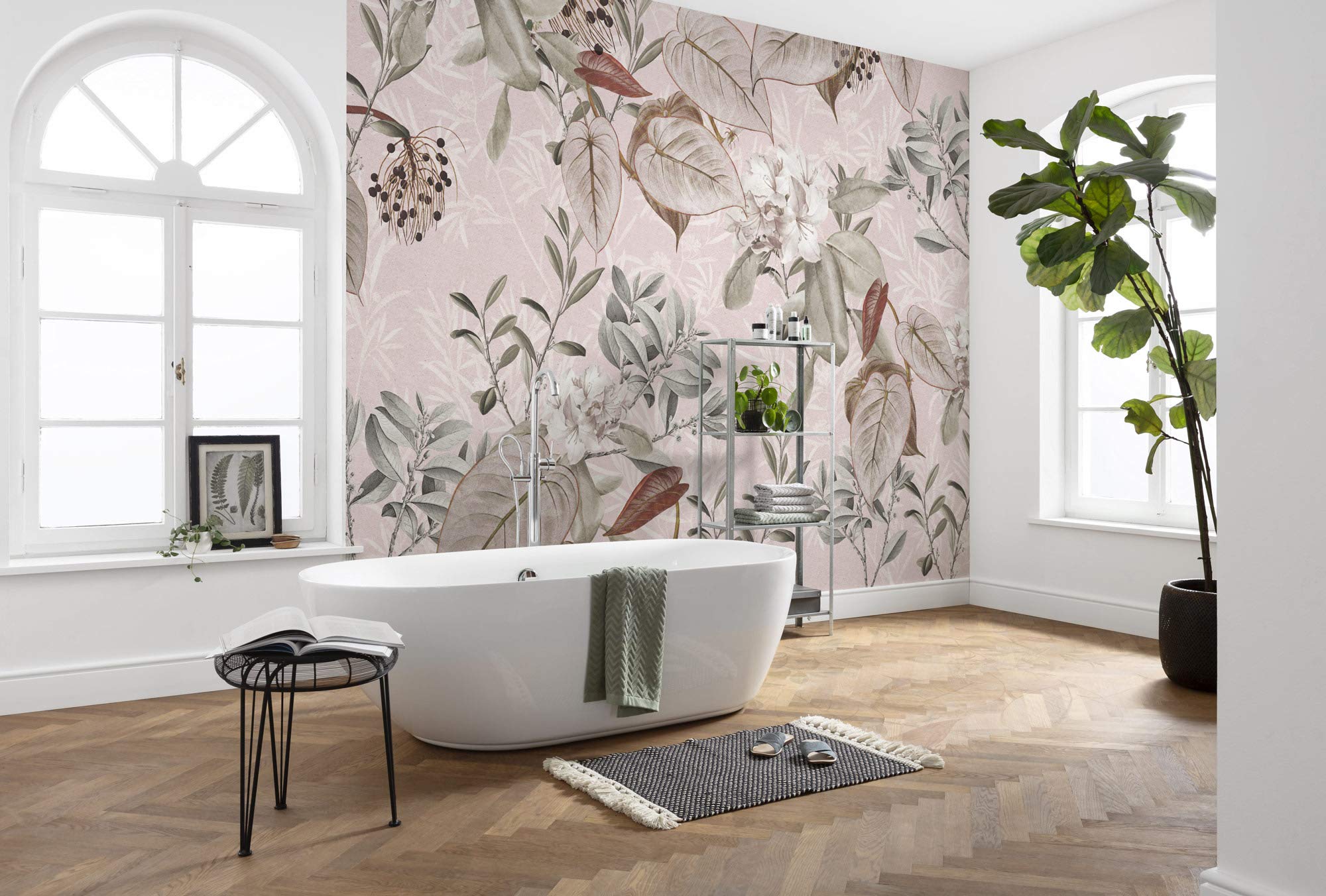 Komar X7-1043 Fleece Kalina 7 Panels, Width 50 cm, Flower Motif, Bedroom, Decoration, Wall Mural, Wall Covering, Design Wallpaper, Pink, Silver, Size: 350 x 250 cm