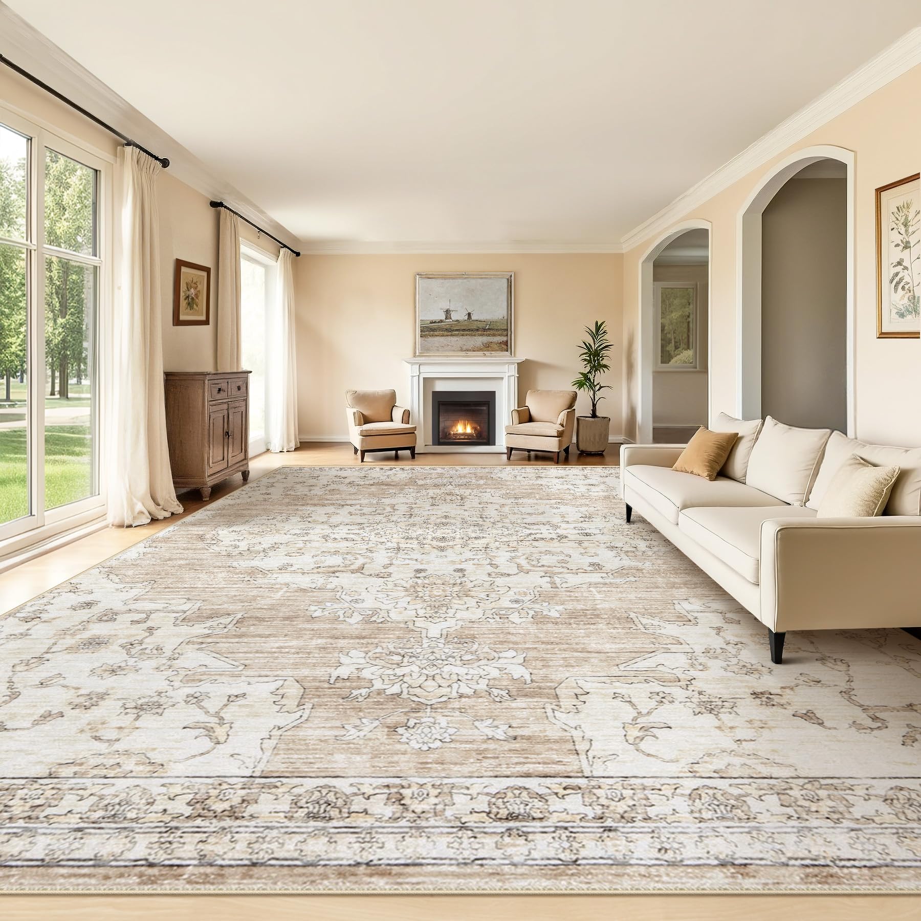 Photo 1 of 10x14 Area Rugs Washable Rug: Lagre Vintage Living Room Rugs with Non-Slip Backing Low Pile Rug Soft Indoor Floor Carpet Non Shedding Neutral Carpet for Bedroom Dining Room Farmhouse Nursery Beige