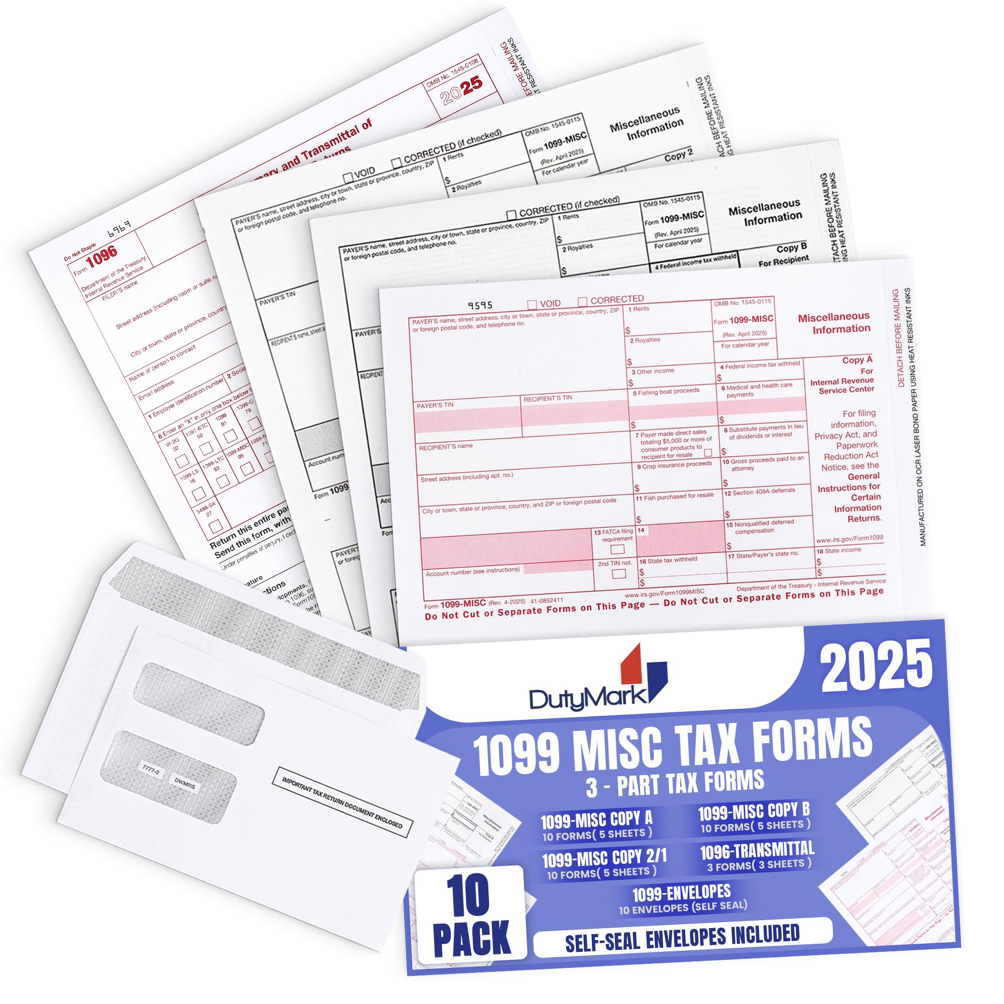 Photo 1 of 1099 Misc Tax Form Set 2025 and Envelopes, Complete Laser Kit for 10 Vendors ~3-Part~ All 1099 Forms with Self-Seal Envelopes, 1099 Misc 2025 Compatible with QuickBooks and Accounting Software
