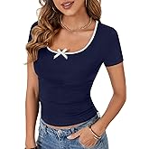 Vrtige Women's Basic Crewneck Short Sleeve Bow Slim Fit Ribbed Knit Summer Crop Tee Tshirt Top
