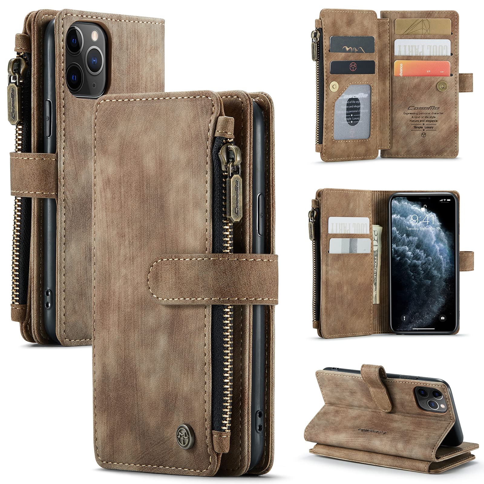 UFinetech Case for iPhone 11 Pro, Shockproof Card Holder Wallet Cover iPhone 11 Pro (5.8”), Anti-scratch Flip Folio Magnetic Closure Built-in Stand Leather Soft TPU Slim Durable Camera Protector,Brown