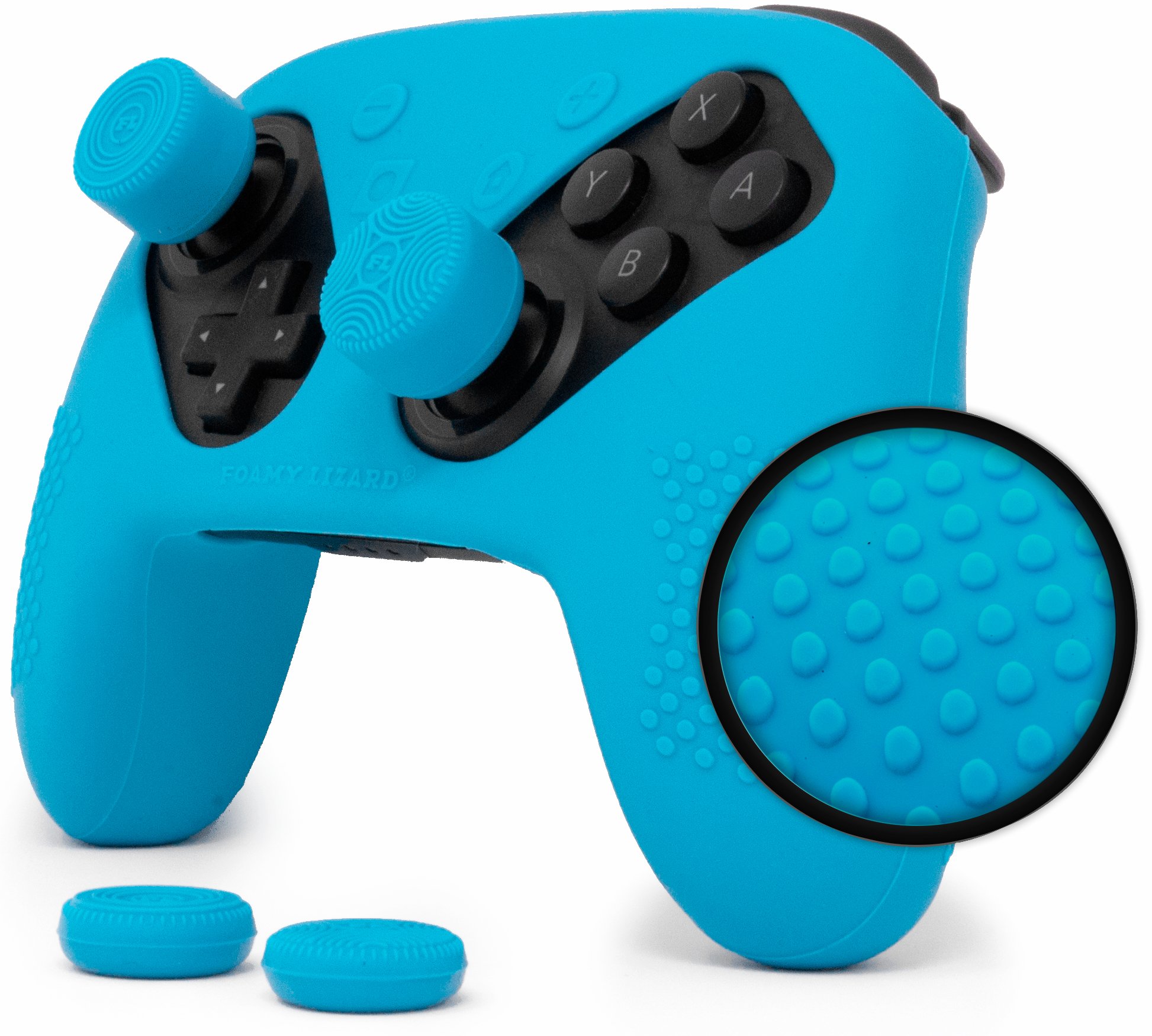 Nintendo Switch Pro Controller Skin Set by Foamy Lizard - AlphaPro Grip, STUDDED Sweat Free Silicone Cover w/ Flat Anti-slip Studs PLUS set of 4 QSS-Pro Thumb Grips (SKIN + QSS-P GRIPS, BLUE)